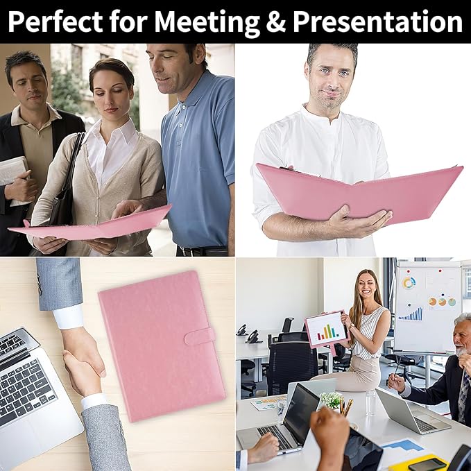 Professional Padfolio with Clipboard, Faux Leather Portfolio Folder Binder, Legal Pad Holder for A4 Letter Size Notepad, Resume, Writing, Ideal Organizer for Business Office Conference (Pink)