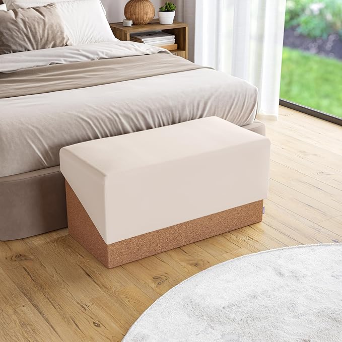 Seville Classics Cushioned Fabric Ottoman Hidden Storage Chest Footrest Chair, Padded Seat for Bedroom, Dorm, Loft, Living Room, Entryway, Hallway, Cork/Cream, 30" Bench