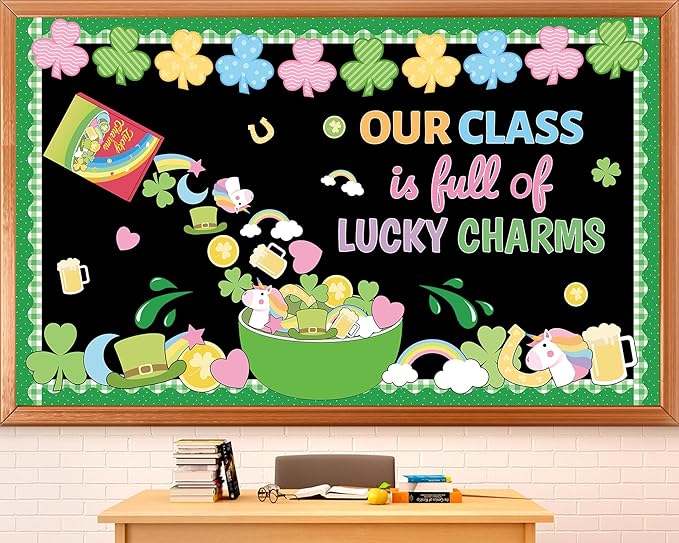 St. Patrick's Day Bulletin Board Set Our Class is Full of Charms Classroom Decoration Shamrock Rainbow Gold Coin Cutouts for Irish Holiday Party Supplies March Classroom School Chalkboard Wall Decor