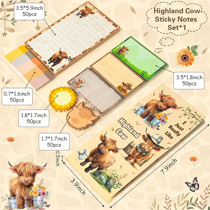 B1ykin Cute Sticky Notes Set - I Just Really Like Highland Cow Self-Stick Notes Pad, 550 Sheets Writing Memo Pages Sticky Notepad for Teacher Appreciation Gift, School Party Supplies (Highland Cow)