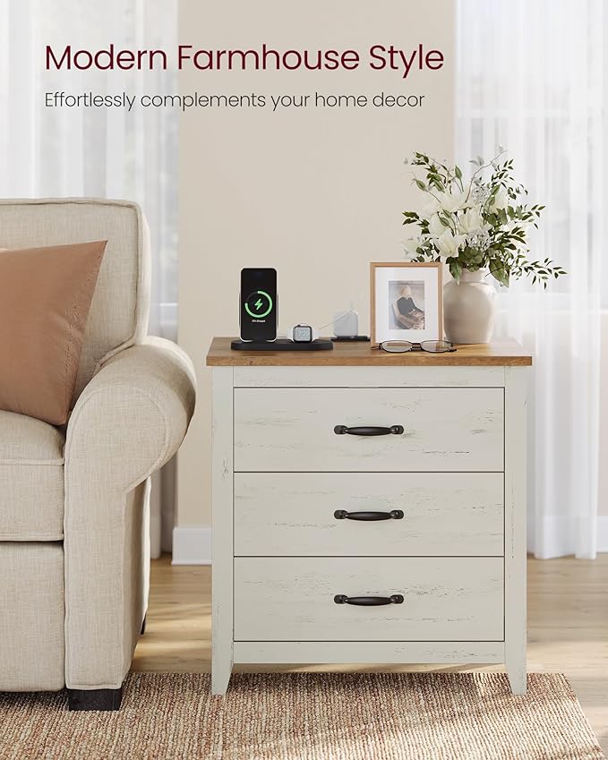 VASAGLE LIRY Collection - Farmhouse Nightstand with Charging Station, Bedside Table, Side End Table with 3 Drawers, for Bedroom, Rustic White and Honey Brown ULET679W01