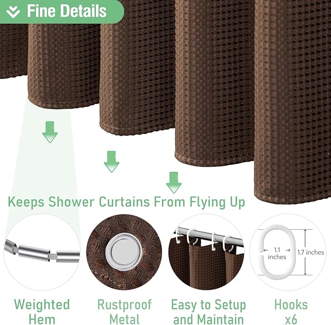 Dynamene Stall Fabric Shower Curtain - 36x72 Waffle Weave Weighted Cloth Shower Curtains for Bathroom, Neutral Heavy Duty Hotel Spa Luxury Bath Curtain Set with 6 Plastic Hooks, Brown