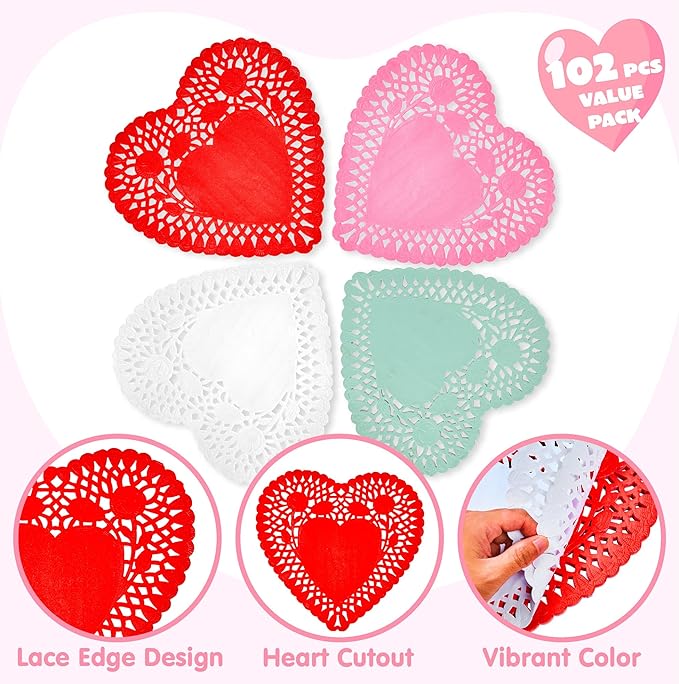 JOYIN 102 PCS 10" Valentines Day Heart Doilies, Tableware Decoration, Home Activitie, Kitchen Disposable Table Crafts, Red White Pink Green Heart Doilies