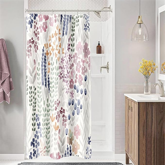 Small Stall Shower Curtain 36 x 72 Inch, Half Narrow Cute Floral Shower Curtain for Bathroom, Mauve Wildflower Boho Cottagecore Fabric Shower Curtain Set with Hooks