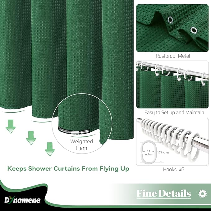 Dynamene Stall Fabric Shower Curtain - 36x72 Waffle Weave Weighted Cloth Shower Curtains for Bathroom, Neutral Heavy Duty Hotel Spa Luxury Bath Curtain Set with 6 Plastic Hooks, Dark Green