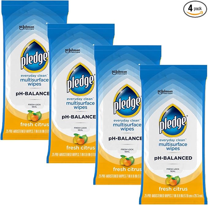 Pledge Multisurface Cleaning Wipes, pH Balanced, Fresh Citrus, 25 Count (Pack of 4, 100 Total Wipes)