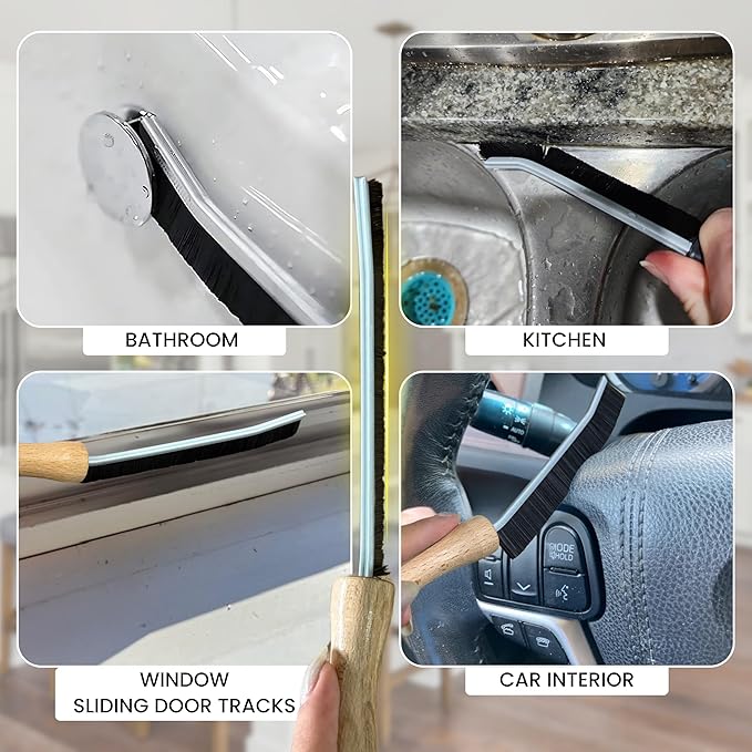 Hard Bristle Crevice Cleaning Brush with Long Wooden Handle - Multifunctional Gap Scrub Brush, Home Essentials, Bathroom Cleaner Tools for Household Use (Crevice Brush)
