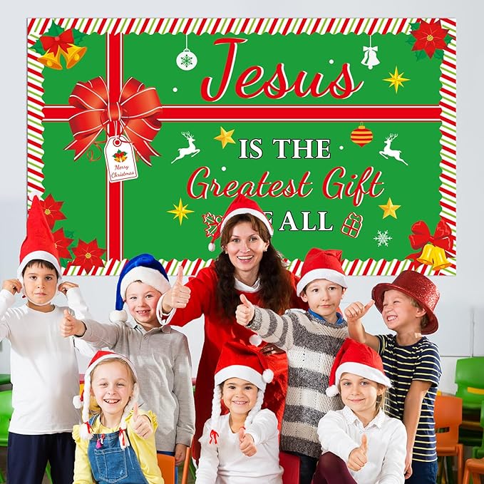 Christmas Religious Bulletin Board Set Jesus is The Greatest Gift of All Classroom Decoration Christian Faith Xmas Gift Box Bows Cutouts for Sunday School Chalkboard Wall Church Xmas Winter Decor