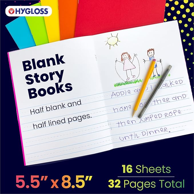 Hygloss Half Blank Books for Kids to Write Stories and Illustrate – Bulk 24 Pack – 5.5" x 8.5" A5 – Small Primary Journal for Grades K-2, Preschool/Kindergarten Notebook with Picture Space – 24 Pages