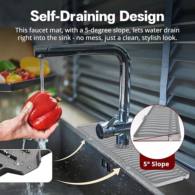 ODRAGO Silicone Kitchen Sink Splash Guard - 24.01 Inch Faucet Mat for Kitchen Sink Water - Longer Faucet Handle Drip Catcher Tray-Sink Guard for Kitchen Sink (Grey)