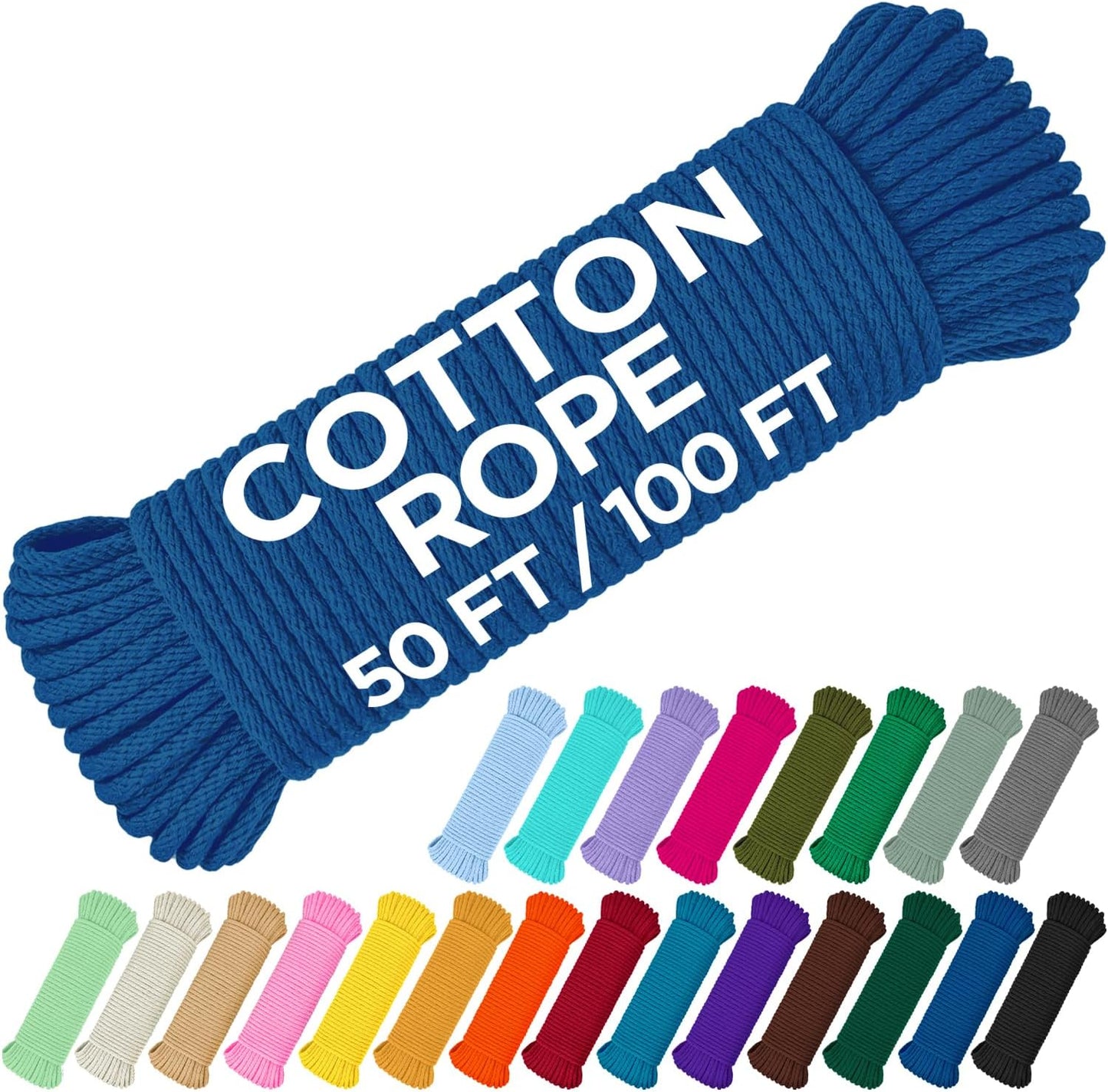 TECEUM Cotton Rope 3/16” (5 mm) – 100 FT – Strong All-Purpose Braided Rope – Natural Cotton – for Crafting, Сamping, Clothes Line, DIY, Indoor & Outdoor Use – Blue