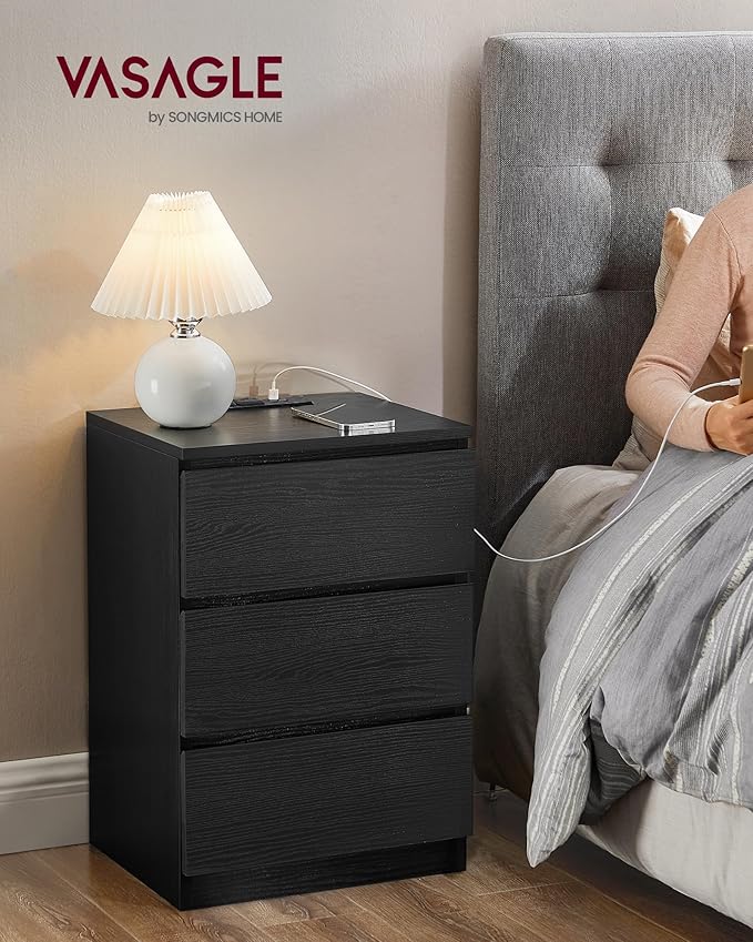 VASAGLE Nightstand with Charging Station, 2 AC Outlets and 2 USB Ports, Bedside Table, Side Table with 3 Drawers, Modern Style, 13.8 x 15.7 x 23.2 Inches, Ebony Black ULET631B58