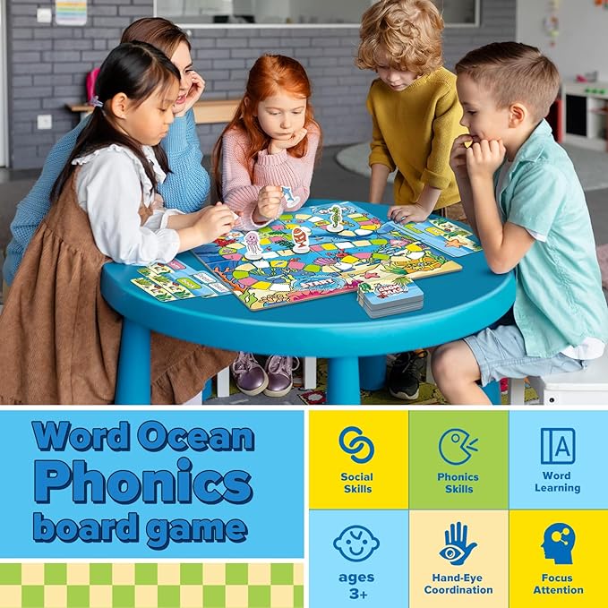 Word Ocean Phonics Board Game for Kids, Educational Learning Board Game for Boys and Girls, Reading and Spelling Game Ages 4-6, Classroom Travel Indoor Outdoor Family Game