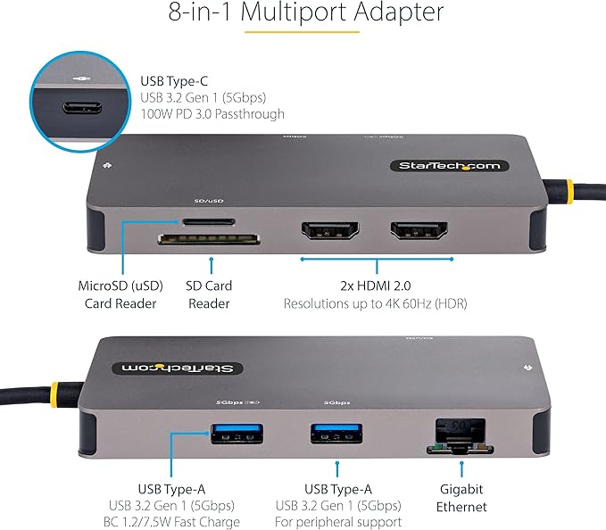 StarTech.com 8-in-1 Mini Docking Station for Windows, ChromeOS and Ubuntu, Dual 4K 60Hz HDMI Video, HDR10, USB 5Gbps Hub, 100W Laptop Charging, GbE, SD, MicroSD