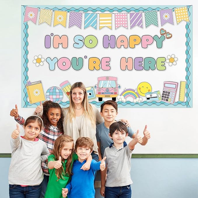 Groovy Back to School Bulletin Board for Classroom Decoration I'm So Happy You're Boho Retro Here Hippie Bulletin Board Set Rainbow Cutouts Daisy DIY Photo for Chalkboard Wall Teacher Decor