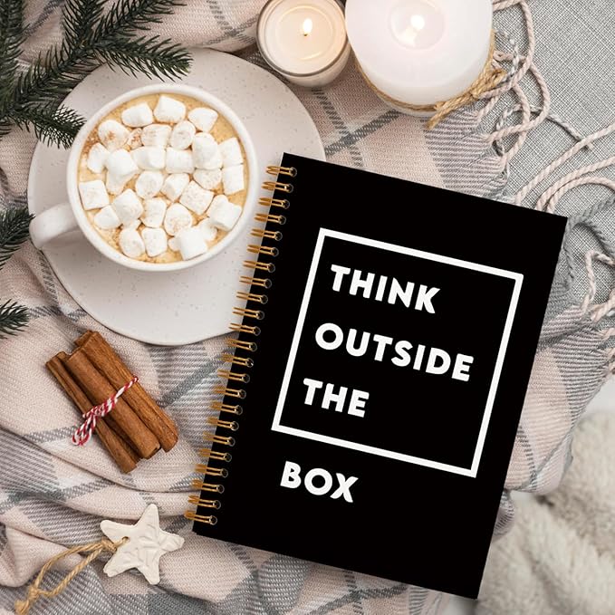 QUICQOD Think Outside The Box Notebook,Typography Journals,Motivational Notebook for Work Office School Student Teacher Counselor,Minimalist Black Hardcover Spiral Notebook 5.5x8.3