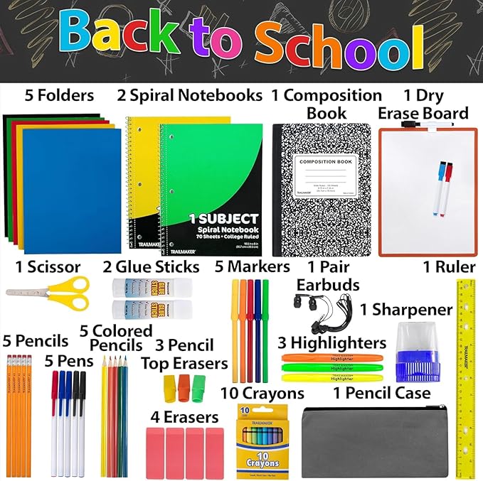 Trail maker Bulk Back to School Supplies 60 Piece Bundle Kits for Girls, Boys, Kids | Back to School Supply Box Set Includes Notebooks, Folders, Headphones, Ruler, Folders, More (12 Kits)