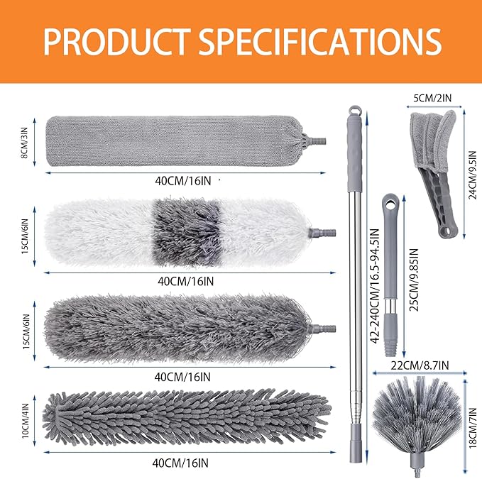 Microfiber Feather Duster Kit, 9PCS Dusters for Cleaning with 100-inch Extendable Pole, Bendable Reusable Washable Cobweb Duster for High Ceilings and Fans, Blinds, Cars and Furniture