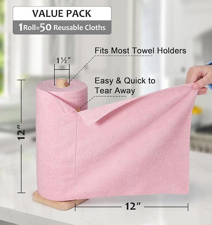 UPSTAR Microfiber Cleaning Cloth, Reusable Paper Towels Rolls, 50 Packs 12x12 inch Cleaning Rags for Washing Dishes, Kitchen, Bathroom, Car, Pink
