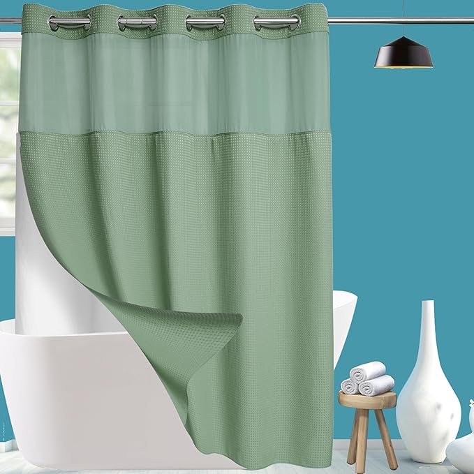 Conbo Mio Extra Long No Hook Sage Green Waffle Weave Shower Curtain with Snap in Liner Set, Hotel Luxury Shower Curtains for Bathroom with See Through Top Window, Waterproof, Washable 71W x 84H