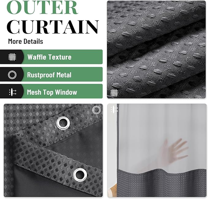 Dynamene Fabric Shower Curtain with Snap in Liner, Waffle Hotel Shower Curtains for Bathroom, Washable Waterproof Cloth Shower Curtain Liner Set with Hook, Mesh Top Window, 72x72, Charcoal Grey