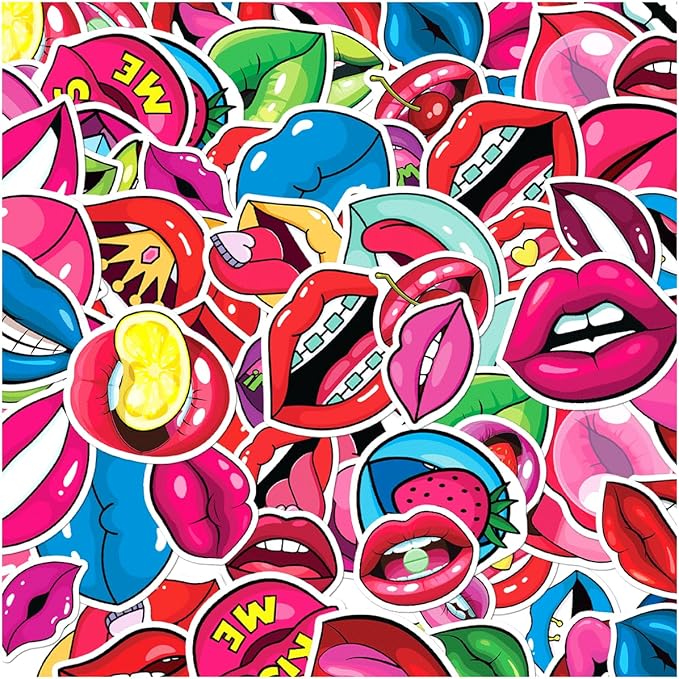 Colorful Art Lips Mouth Expressions Vinyl Stickers Pack 50pcs for Teens Girls Laptop Water Bottle Phone Case Scrapbook DIY Hard Bedroom Wall Decoration Hat Bumper Bike Kids