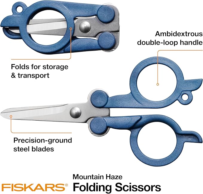 Fiskars Travel Folding Scissors, TSA-Compliant, Compact and Portable for Crafting and Quick Snips, Stainless Steel Blades, Explore Collection, Mountain Haze