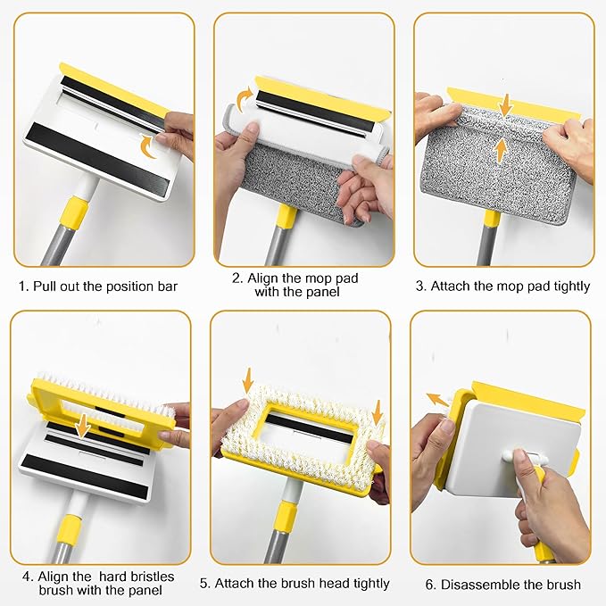 JEHONN Baseboard Cleaner Tool with Handle, 56 inches Base Boards Cleaning Mop Scrubber, 1 Stiff Bristles Brush, 2 Chenille and 2 Microfiber Pads, Wall Duster for Floorboard Ceiling Window (Yellow)