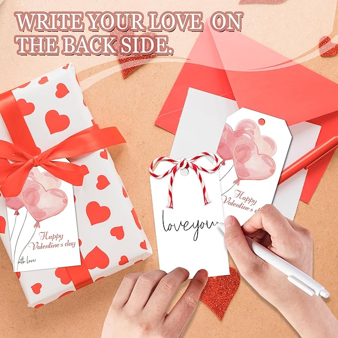 50Pcs Happy Valentines Tags for Bags - Balloon Valentine Gift Tags with String, Hanging Paper Gift Label for Wrapping Treat Bag, Idea Valentines Activity School Classroom Party Favors