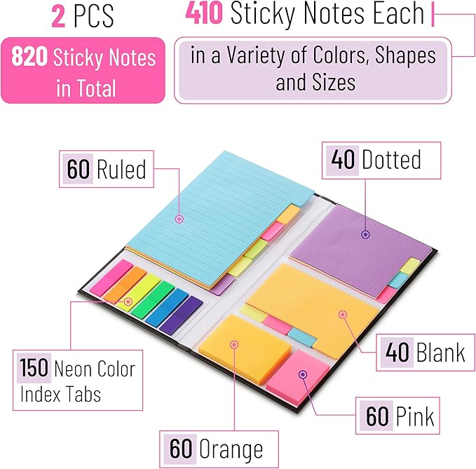 Mr. Pen- Sticky Note Set, 2 Sets, 820 pcs, Vibrant Colors, Sticky Notes Tabs, Divider Sticky Notes, Office Supplies, Stocky Notes for Bible Journaling