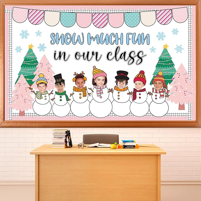 Winter Bulletin Board Decoration Set Xmas Tree Snowflakes Classroom Paper Cutouts Winter Snowman DIY Photo Bulletin Board Paper Decor for Christmas Holiday School Classroom Home Chalkboard Wall Decor