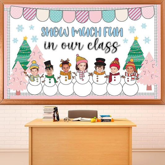 Winter Bulletin Board Decoration Set Xmas Tree Snowflakes Classroom Paper Cutouts Winter Snowman DIY Photo Bulletin Board Paper Decor for Christmas Holiday School Classroom Home Chalkboard Wall Decor