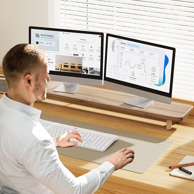 Dual Monitor Stand Riser, 39 Inch Extra Long Wooden Desktop Monitor Riser with Storage for 2 Monitors Ultra Strong Desk Shelf Organizer Riser Ergonomic for 2 Screens/Laptop/PC/TV/Printer, Light Walnut