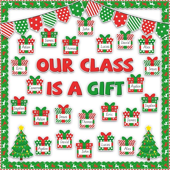 Christmas Bulletin Board Decoration Set Xmas Gift Boxes Borders Cutouts for Party School Classroom Door Welcome Bulletin Board Craft Home Wall (Our Class is a Gift)