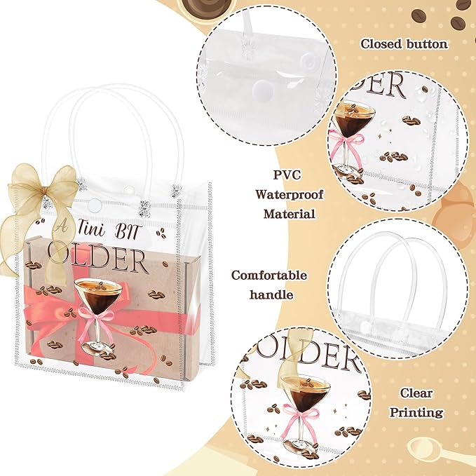 H1vojoxo Martini Party Gift Bags - 24PCS A Tini Bit Older Clear PVC Gift Bags with Handle Ribbon 7.9x3.1x7.9 Inch Bar Party Birthday Martini Espresso Party Favor Tote Bag