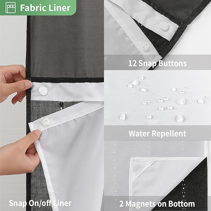 No Hook Long Shower Curtain Set with Snap-in Fabric Liner,Linen Textured Thick Striped Fabric with Tassels,Boho Farmhouse Rustic Luxury Bathroom Curtain,Water-Repellent,Black,71x80