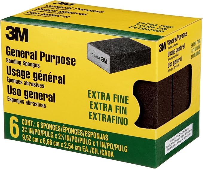 3M Sanding Sponge Block, 6-Pack, Extra Fine Grits, 3-3/4 in x 2-5/8 in, Designed For Sanding Wood, Paint, Metal, Plastic or Drywall, Features 3M Abrasive, Made with Durable Flexible Foam (CP000-6P-CC)