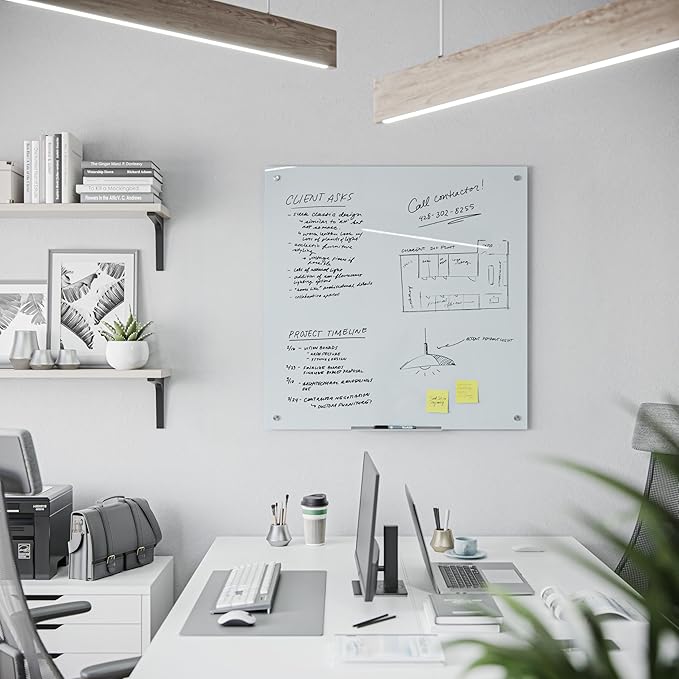 U Brands Glass Dry Erase Board, 36" x 36", 3'x3', White Frosted Surface with Silver Grommets, Frameless, Includes Marker