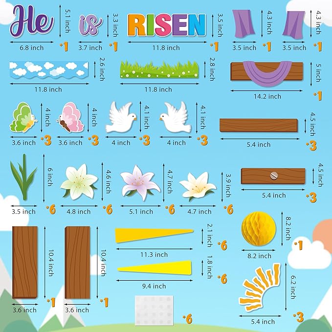 BeYumi 95Pcs Easter He is Risen Cross Bulletin Board Set Sun Honeycomb Jesus Resurrection Cross Lily Cutouts Trim Border Christian Religious Bible Sunday School Classroom Chalkboard Church Decoration