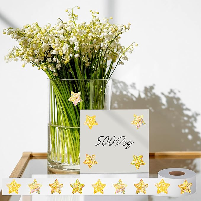 500 PCS Holographic Glitter Star Stickers, Self-Adhesive Metallic Golden Foil Reflective Sparkly Star Stickers - Reward Behavior Chart Labels for Kids, Students & Teachers (Each Measures 1")