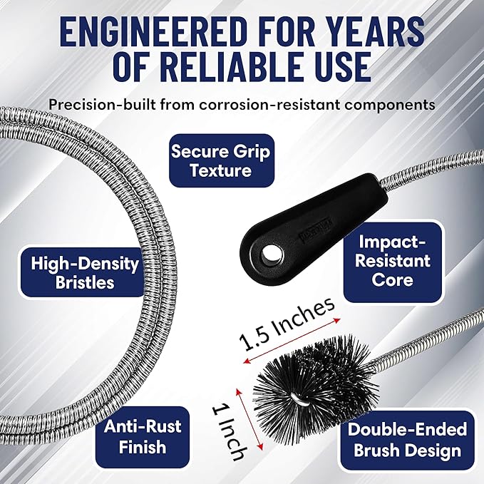 48" Flexible Long Pipe Brush | AC Drain Cleaner Tool | Sink Line Unclogger | Condensate Line Cleaning Brush | Easy Cleaning Flexible Drain Snake for Food, Hair & Clog Removal by FryOilSaver Co. B313C