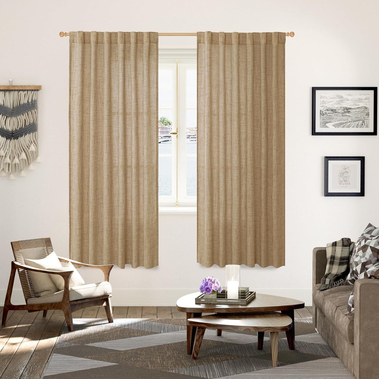 YoungsTex Burlap Linen Semi Sheer Curtains 72 Inch Length for Living Room, Semi Sheer Window Treatments Light Filtering with Rod Pocket Back Tab for Farmhouse Bedroom, Toffee, 2 Panel, 52 X 72 Inch