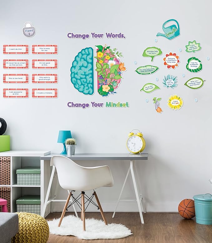 Carson Dellosa Education 47 pc Bloom With a Growth Mindset Bulletin Board Set, Motivational Poster, Plant Cutouts, 2-Piece Brain With Affirmation Cards, Calm Down Corner Supplies and Classroom Decor