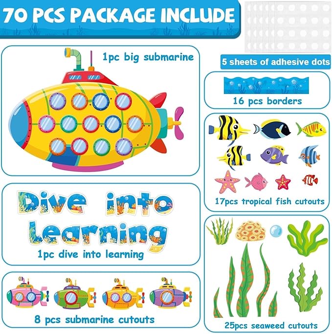 Summer Under The Sea Bulletin Board Classroom Decoration Dive Into Learning Sea Animal Ocean Bulletin Board Sets Submarine Tropical Fish Cutouts for School Chalkboard Wall Supplies