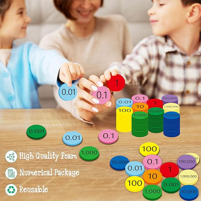 Hebayy 250 PCS EVA Place Value Disks, 10 Values Counting Chips Color-Coded Soft Place Value Chips Decimals to Whole Numbers Counting Chips Early Math Learning for Elementary School
