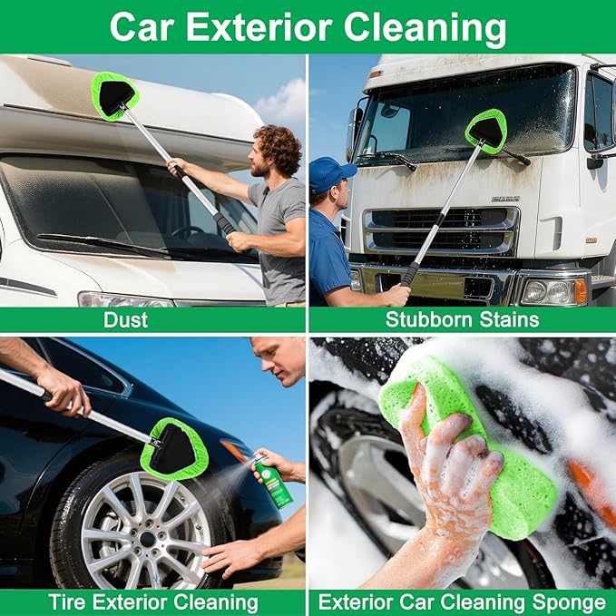 XINDELL 29-inch Windshield Cleaner Tool – Car Interior Window Cleaning Kit with Extended Long Handle & 4 Microfiber Pads, Auto Wiper Windshield Brush for Car, Trucks, SUVs, RVs & Home