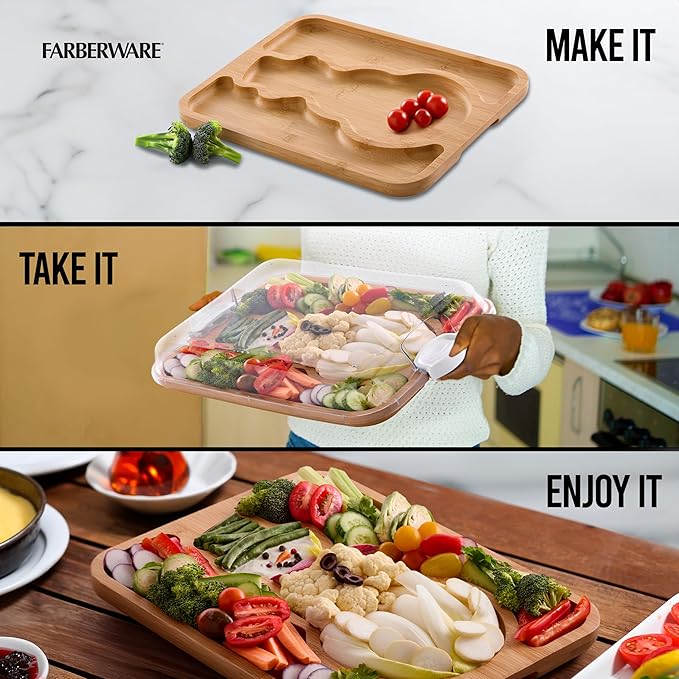 Farberware Build-A-Board Snowman Shaped Bamboo Serving Board with Clear Lid, Make and Take Holiday Charcuterie and Dessert Tray