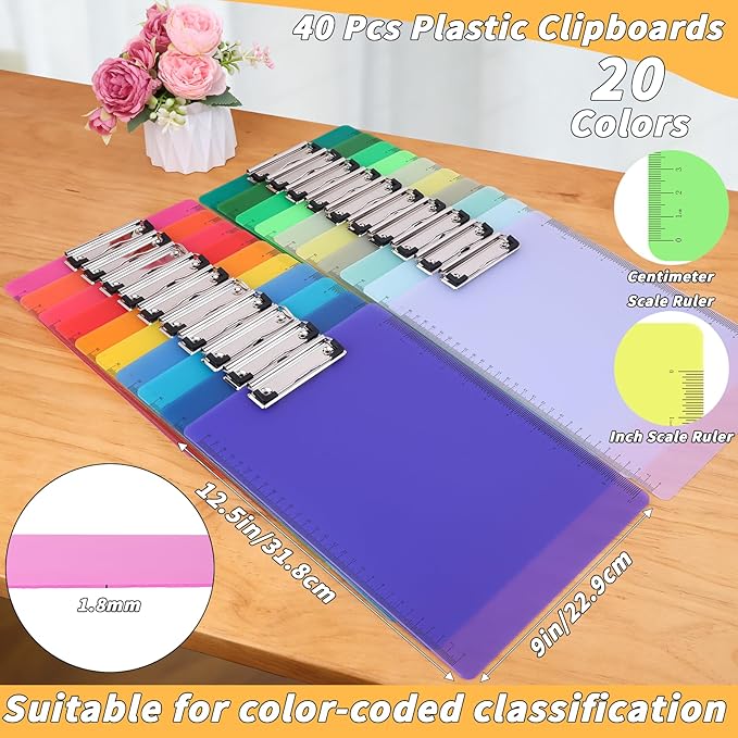 40 Pcs Plastic Clipboards Bulk with Scale Lines 20 Assorted Colors Clear Colored Clip Board 12.5 x 9 in Standard A4 Letter Size Low Profile Clipboard Portable for Classroom Office Supplies Students