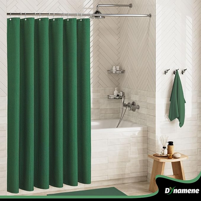 Dynamene Dark Green Fabric Shower Curtain - Waffle Weave Textured Heavy Duty Cloth Shower Curtains for Bathroom, 256GSM Hotel Luxury Weighted Bath Curtain Set with 12 Hooks,72x72, Dark Green