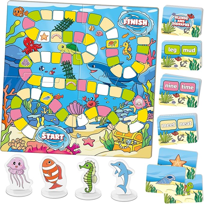 Word Ocean Phonics Board Game for Kids, Educational Learning Board Game for Boys and Girls, Reading and Spelling Game Ages 4-6, Classroom Travel Indoor Outdoor Family Game
